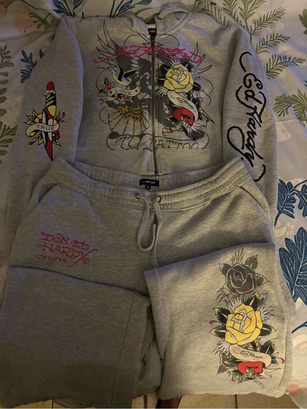 Ed Hardy Women’s Hoodie & Sweatpants Set - Yellow Rose Graphic